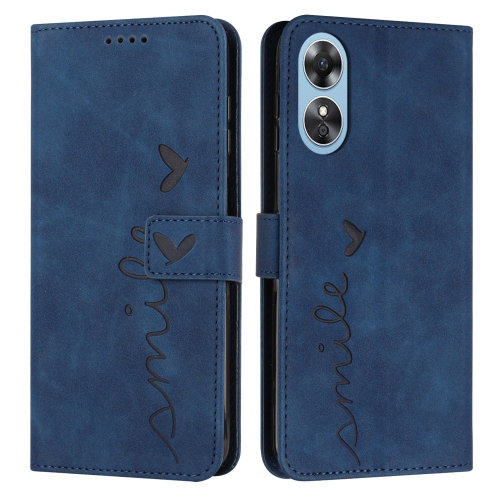 

For OPPO A17 Skin Feel Heart Embossed Leather Phone Case(Blue)