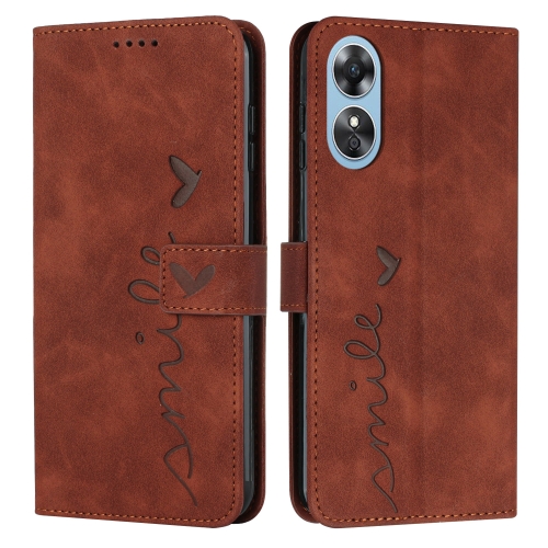 

For OPPO A17 Skin Feel Heart Embossed Leather Phone Case(Brown)