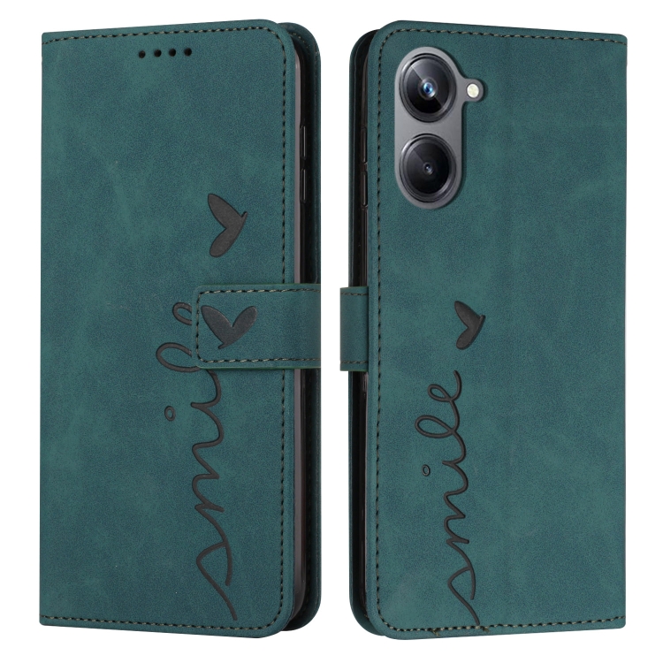 

For Realme 10 Pro Skin Feel Heart Embossed Leather Phone Case(Green)