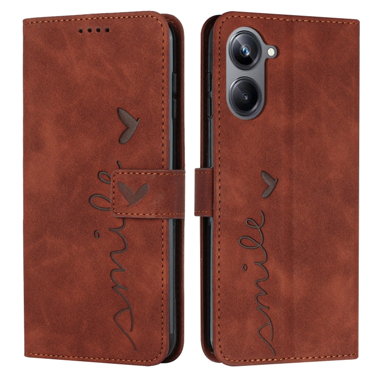 

For Realme 10 Pro Skin Feel Heart Embossed Leather Phone Case(Brown)