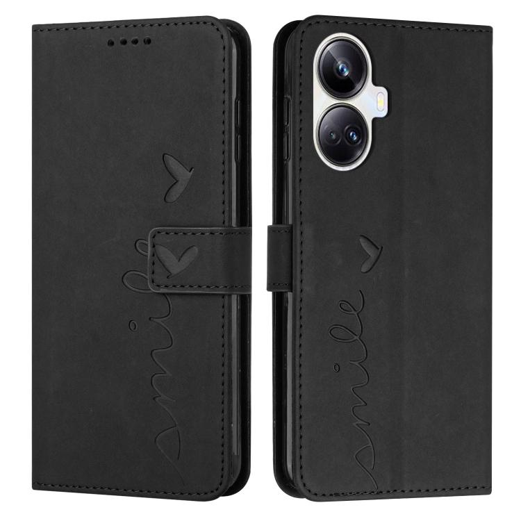 

For Realme 10 Pro+ Skin Feel Heart Embossed Leather Phone Case(Black)