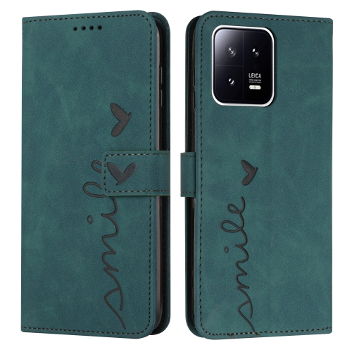 

For Xiaomi 13 Skin Feel Heart Embossed Leather Phone Case(Green)