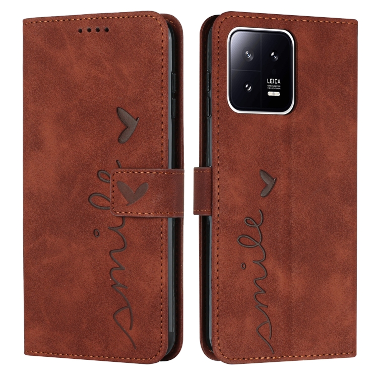 

For Xiaomi 13 Skin Feel Heart Embossed Leather Phone Case(Brown)