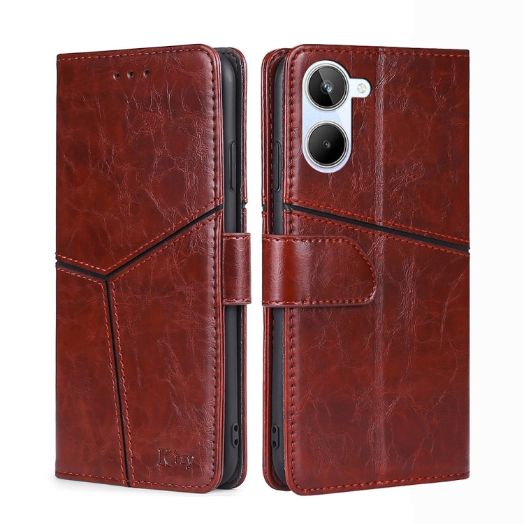 

For Realme 10 4G Geometric Stitching Horizontal Flip Leather Phone Case(Dark Brown)