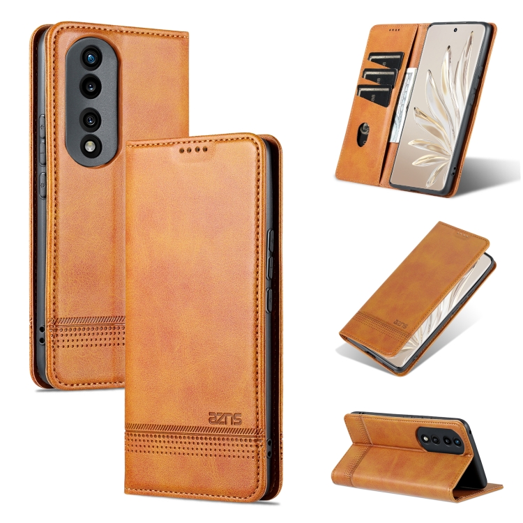 

For Honor 80 AZNS Magnetic Calf Texture Leather Phone Case(Light Brown)