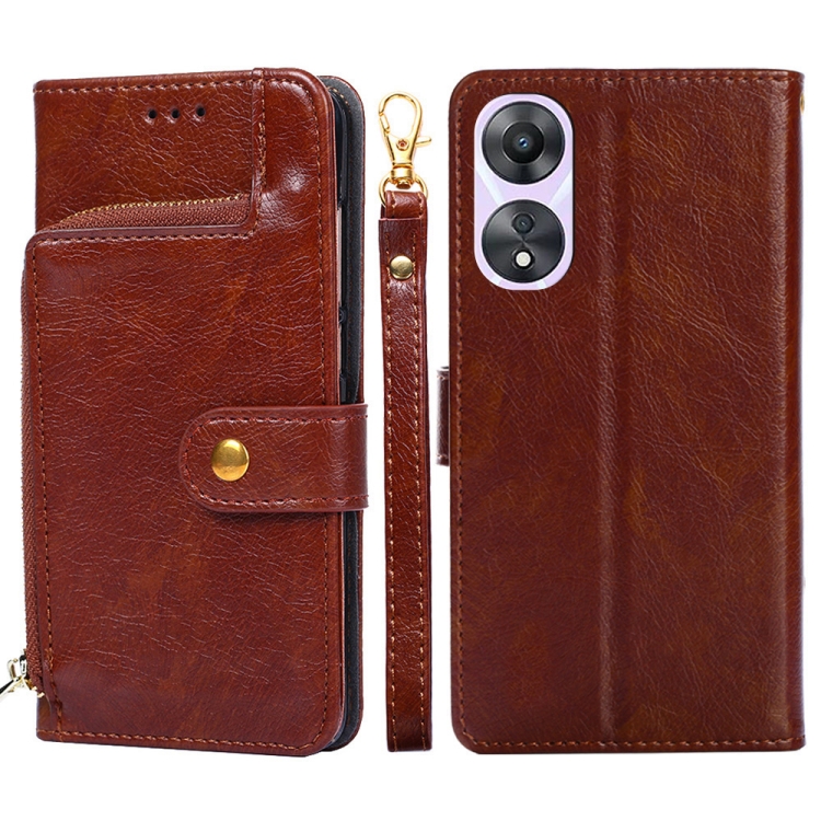 

For OPPO A58 5G Zipper Bag Leather Phone Case(Brown)