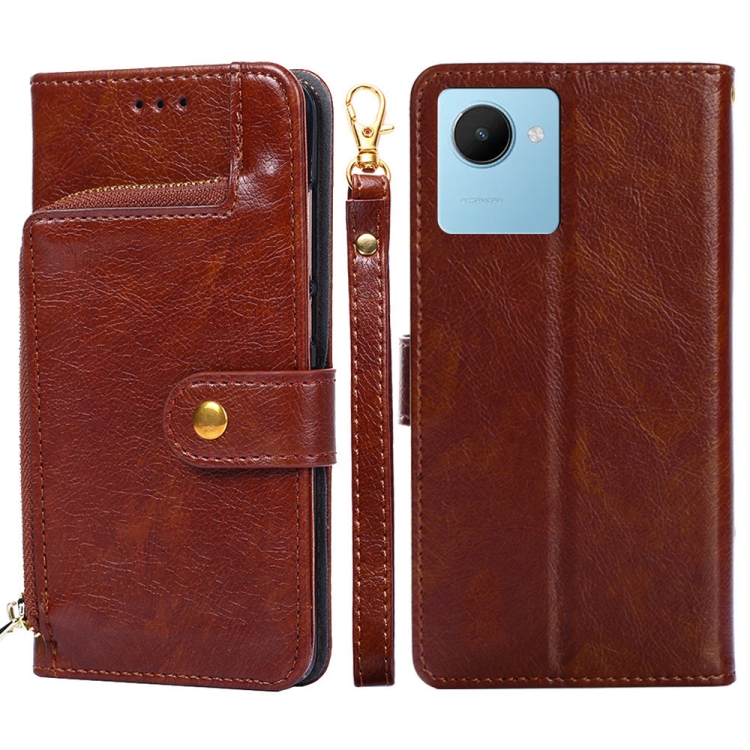 

For Realme C30s Zipper Bag Leather Phone Case(Brown)