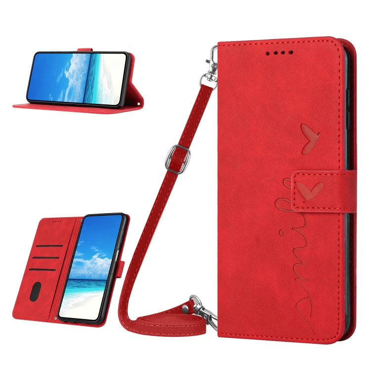 

For Samsung Galaxy A34 5G Skin Feel Heart Embossed Leather Phone Case with Lanyard(Red)