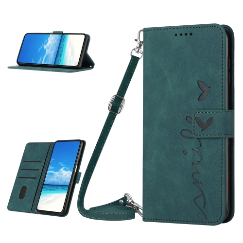 

For OPPO A17 Skin Feel Heart Embossed Leather Phone Case with Lanyard(Green)