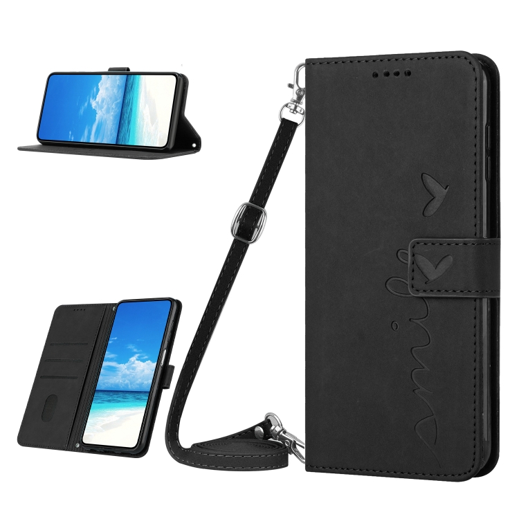 

For Realme 10 Pro+ Skin Feel Heart Embossed Leather Phone Case with Lanyard(Black)