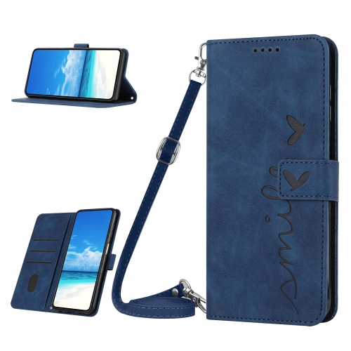 

For Sony Xperia 10 IV Skin Feel Heart Embossed Leather Phone Case with Lanyard(Blue)