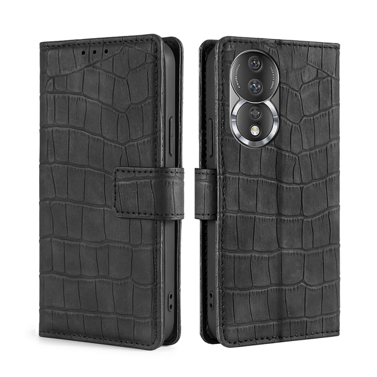 

For Honor 80 Skin Feel Crocodile Magnetic Clasp Leather Phone Case(Black)