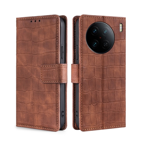 

For vivo X90 Pro+ Skin Feel Crocodile Magnetic Clasp Leather Phone Case(Brown)