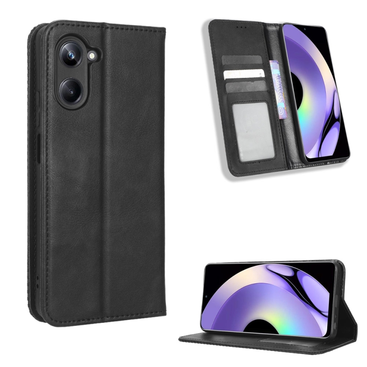 

For Realme 10 4G Magnetic Buckle Retro Texture Leather Phone Case(Black)