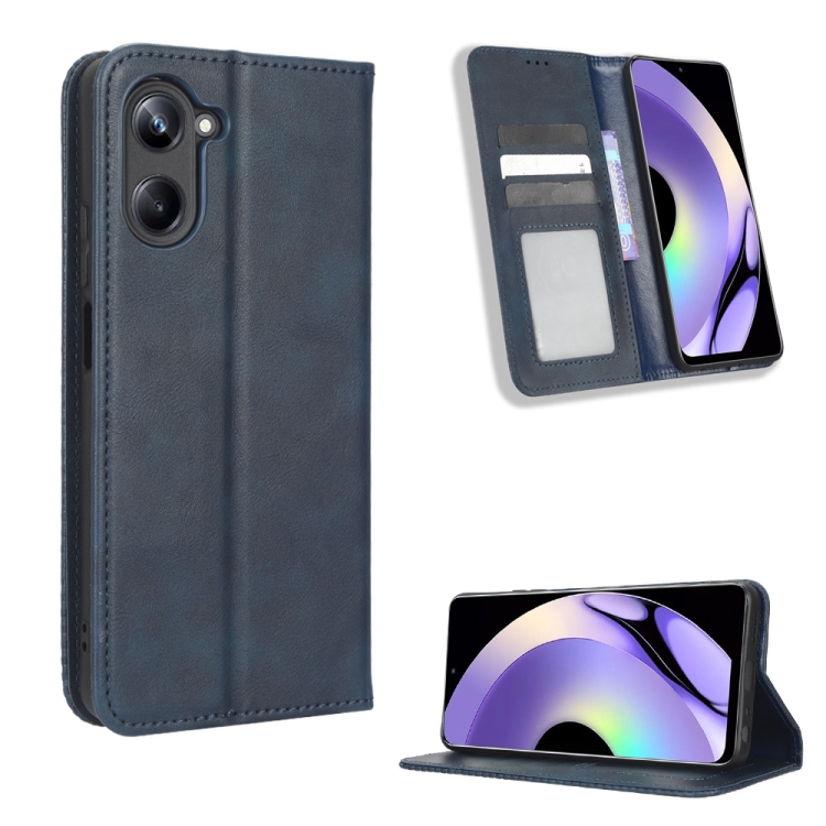 

For Realme 10 Pro Magnetic Buckle Retro Texture Leather Phone Case(Blue)