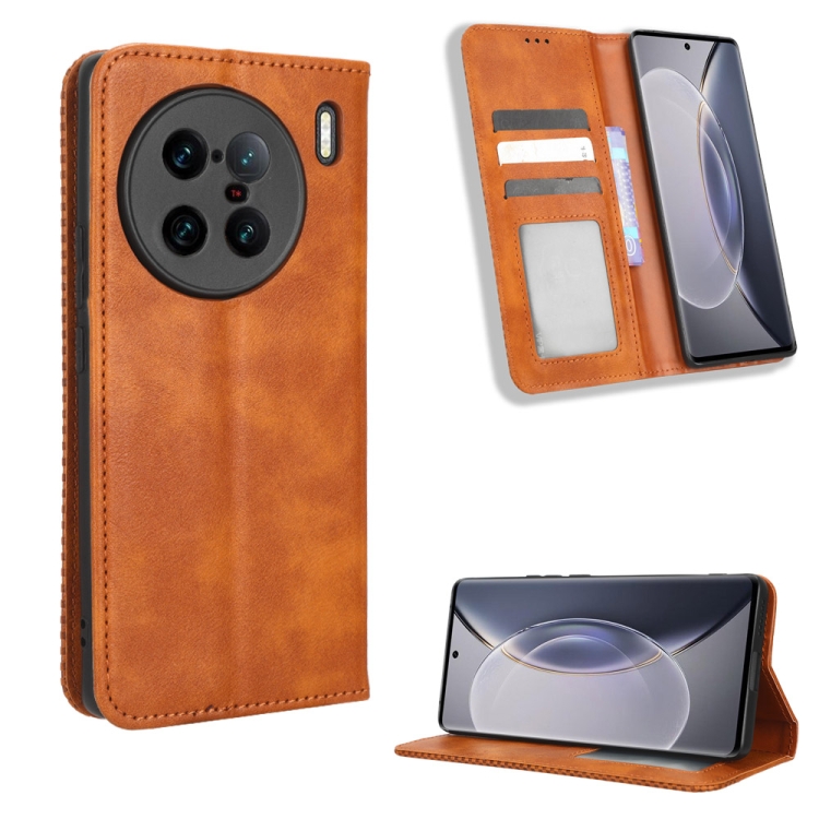 

For vivo X90 Pro+ Magnetic Buckle Retro Texture Leather Phone Case(Brown)