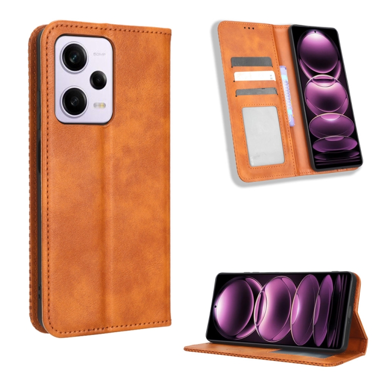 

For Xiaomi Redmi Note 12 Pro 5G Magnetic Buckle Retro Texture Leather Phone Case(Brown)