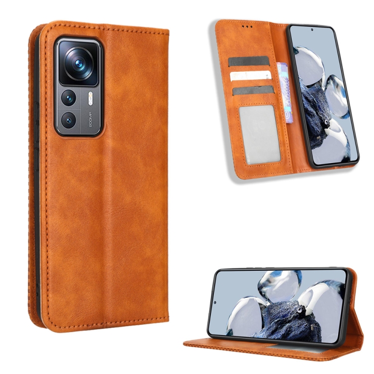

For Xiaomi 12T Pro Magnetic Buckle Retro Texture Leather Phone Case(Brown)