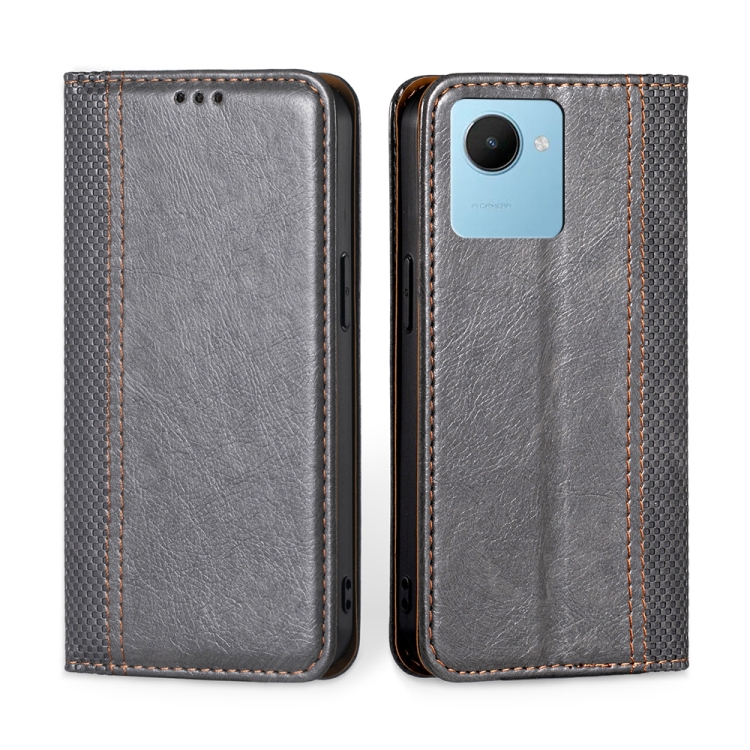 

For Realme C30s Grid Texture Magnetic Flip Leather Phone Case(Grey)