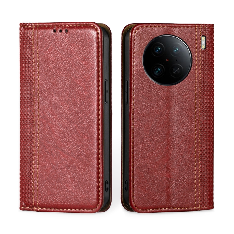 

For vivo X90 Pro+ Grid Texture Magnetic Flip Leather Phone Case(Red)