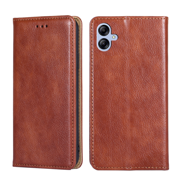

For Samsung Galaxy A04e 4G Gloss Oil Solid Color Magnetic Leather Phone Case(Brown)