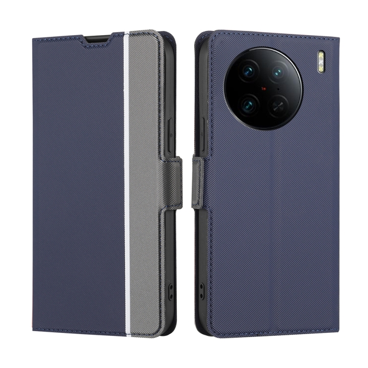 

For vivo X90 Pro+ Twill Texture Side Buckle Leather Phone Case(Blue)