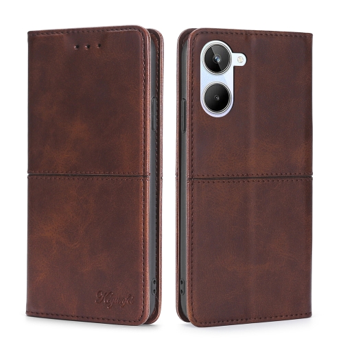 

For Realme 10 4G Cow Texture Magnetic Horizontal Flip Leather Phone Case(Dark Brown)