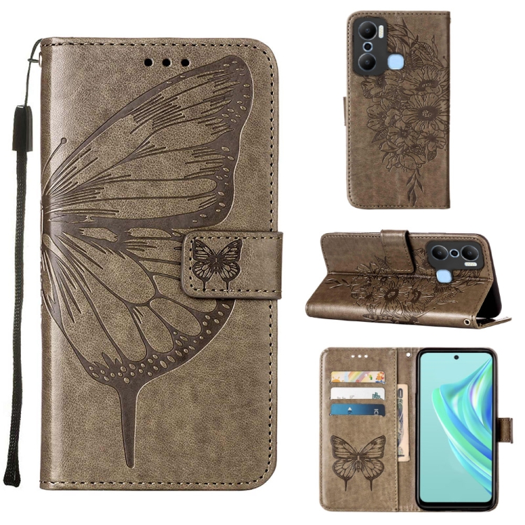 

For Infinix Hot 20 Play Embossed Butterfly Flip Leather Phone Case(Grey)