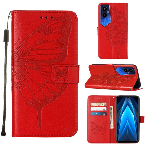 

For Tecno Pova 4 Pro LG8N Embossed Butterfly Flip Leather Phone Case(Red)
