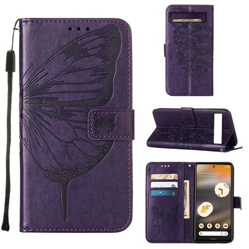 

For Google Pixel 7a Embossed Butterfly Flip Leather Phone Case(Dark Purple)