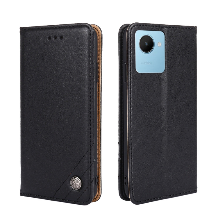 

For Realme C30s Non-Magnetic Retro Texture Flip Leather Phone Case(Black)