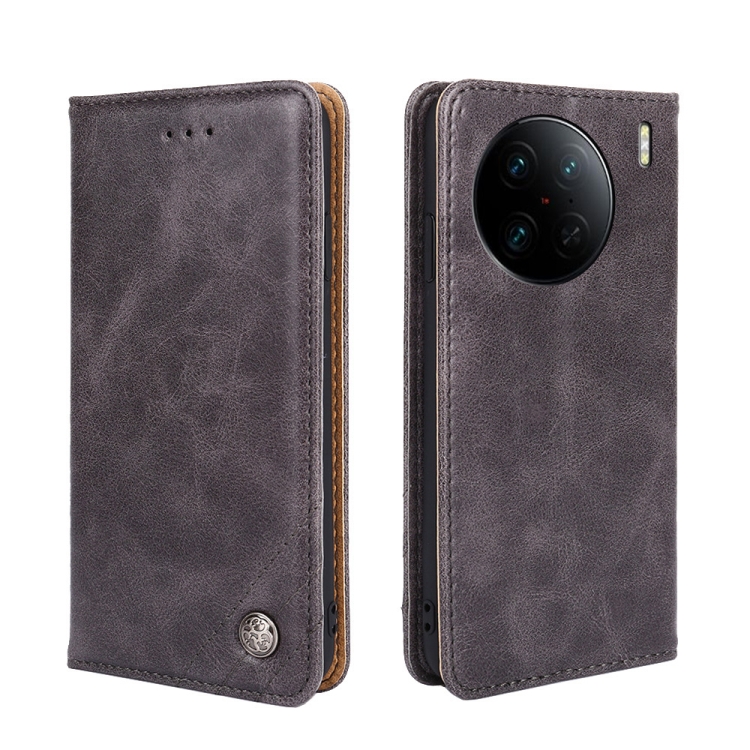 

For vivo X90 Pro+ Non-Magnetic Retro Texture Flip Leather Phone Case(Grey)