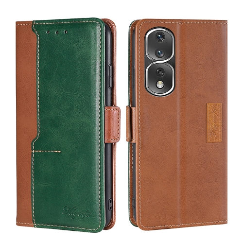 

For Honor 80 Pro Contrast Color Side Buckle Leather Phone Case(Light Brown+Green)