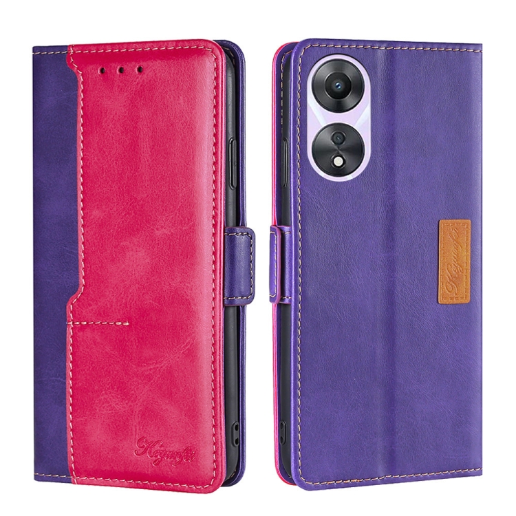 

For OPPO A58 5G Contrast Color Side Buckle Leather Phone Case(Purple+Rose Red)