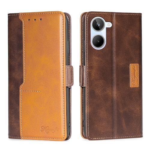 

For Realme 10 4G Contrast Color Side Buckle Leather Phone Case(Dark Brown+Gold)