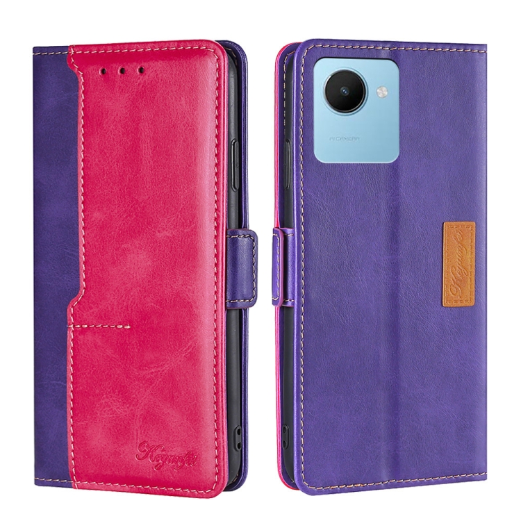 

For Realme C30s Contrast Color Side Buckle Leather Phone Case(Purple+Rose Red)