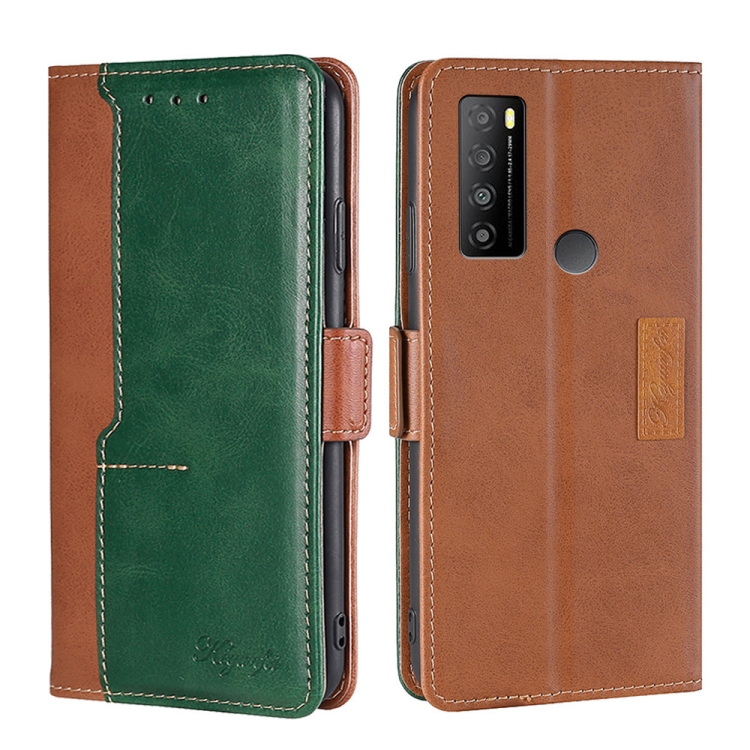 

For TCL 30XL 2022 Contrast Color Side Buckle Leather Phone Case(Light Brown+Green)