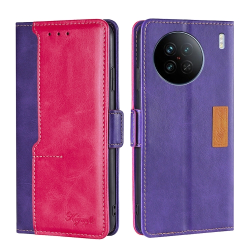 

For vivo X90 Contrast Color Side Buckle Leather Phone Case(Purple+Rose Red)