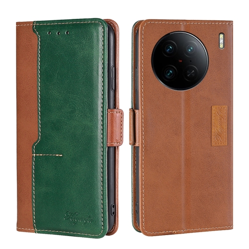 

For vivo X90 Pro+ Contrast Color Side Buckle Leather Phone Case(Light Brown+Green)