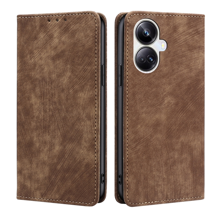 

For Realme 10 Pro+ 5G RFID Anti-theft Brush Magnetic Leather Phone Case(Brown)