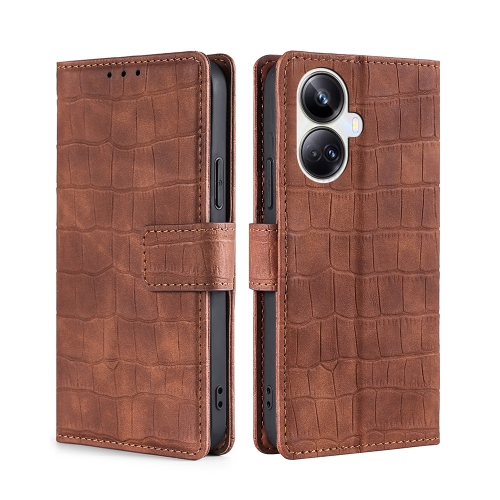 

For Realme 10 Pro+ 5G Skin Feel Crocodile Magnetic Clasp Leather Phone Case(Brown)