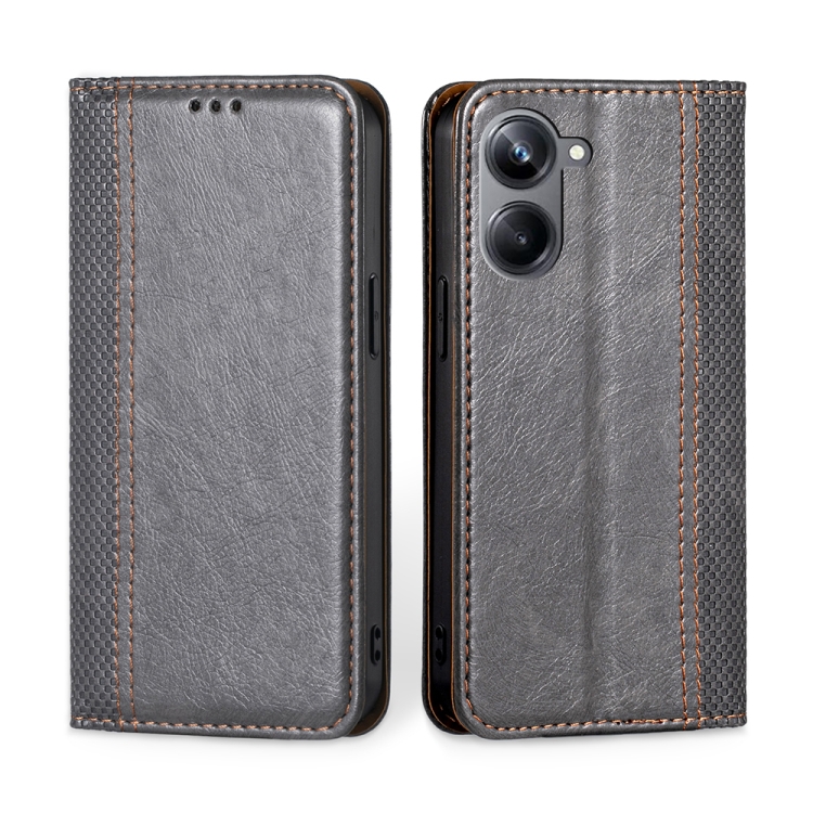 

For Realme 10 Pro 5G Grid Texture Magnetic Flip Leather Phone Case(Grey)