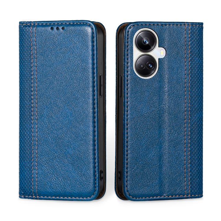 

For Realme 10 Pro+ 5G Grid Texture Magnetic Flip Leather Phone Case(Blue)