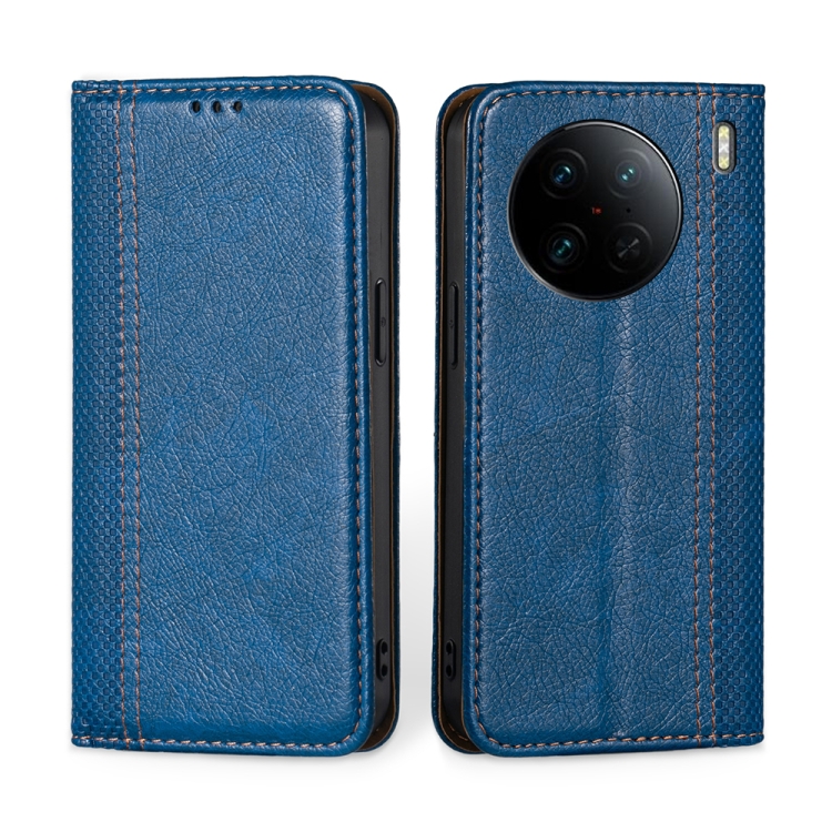 

For vivo X90 Pro 5G Grid Texture Magnetic Flip Leather Phone Case(Blue)