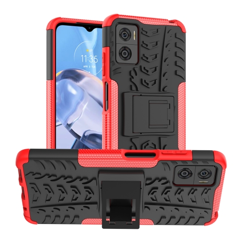 

For Motorola Moto E22 Tire Texture TPU + PC Phone Case with Holder(Red)