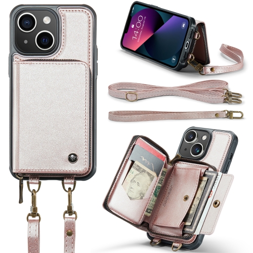 

For iPhone 13 JEEHOOD C22 Series Zipper Wallet Leather Phone Case with Dual Lanyard(Rose Gold)