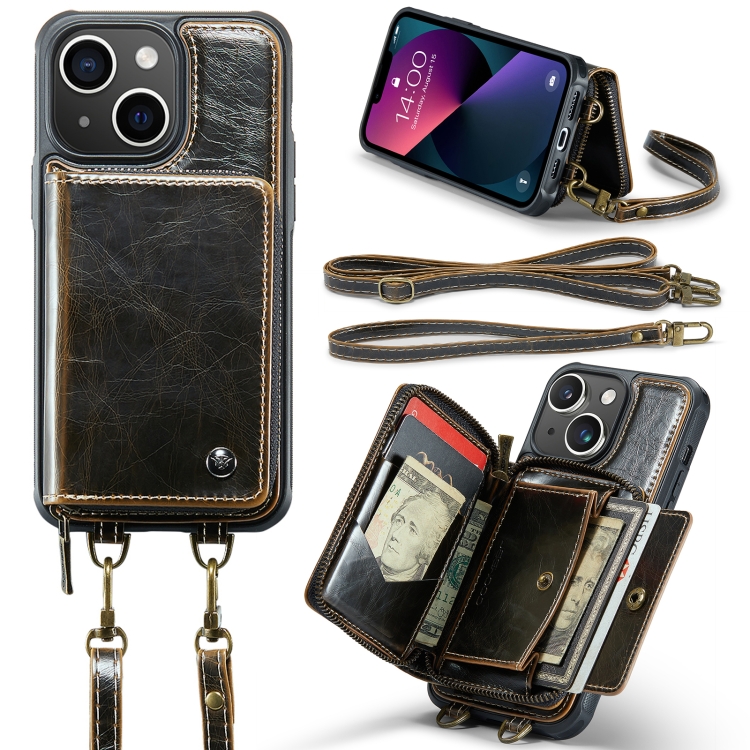 

For iPhone 13 JEEHOOD C22 Series Zipper Wallet Leather Phone Case with Dual Lanyard(Coffee)