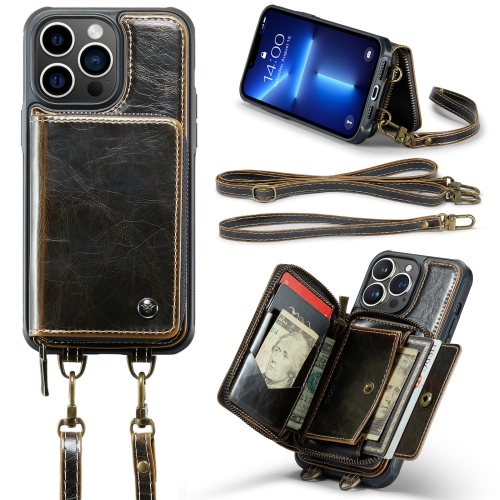 

For iPhone 13 Pro JEEHOOD C22 Series Zipper Wallet Leather Phone Case with Dual Lanyard(Coffee)