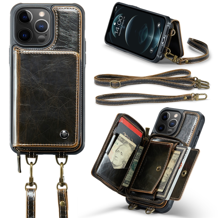 

For iPhone 12 Pro Max JEEHOOD C22 Series Zipper Wallet Leather Phone Case with Dual Lanyard(Coffee)