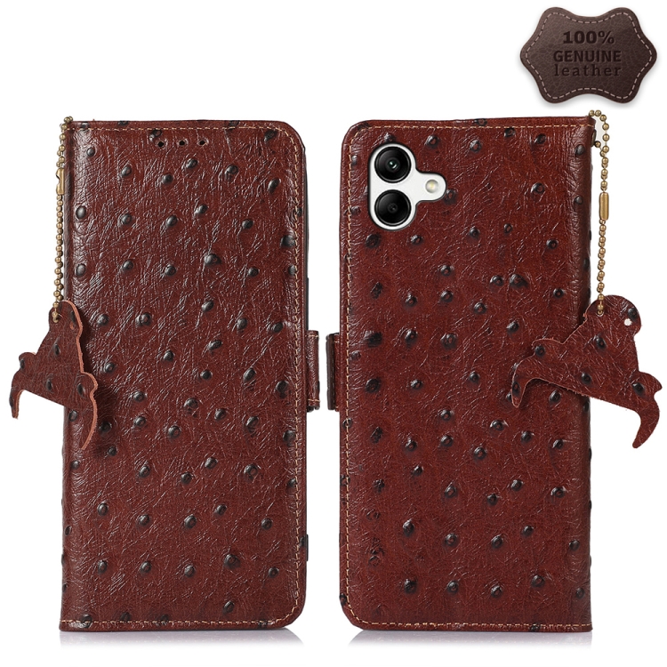 

For Samsung Galaxy A04 4G Ostrich Pattern Genuine Leather RFID Phone Case(Coffee)